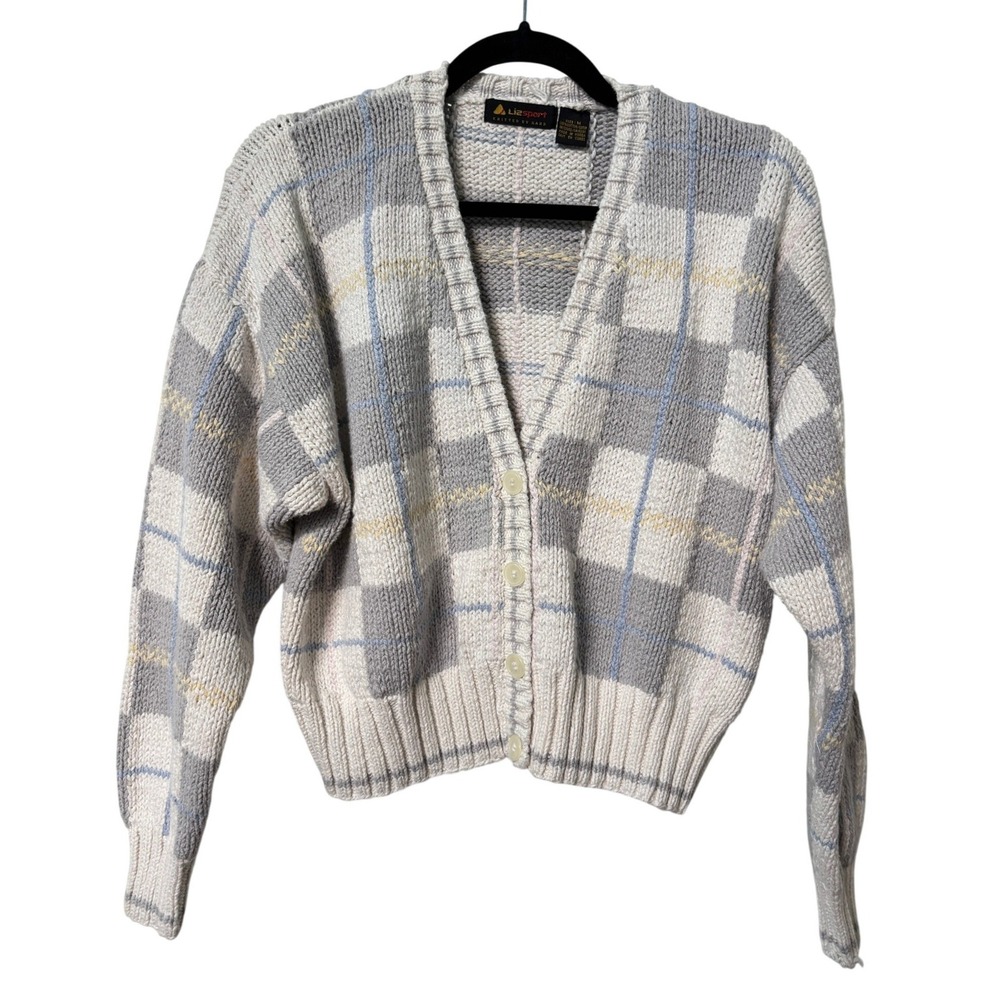 Lizsport Womens Vintage Plaid Hand Knitted Cotton Cardigan Grey White Blue M